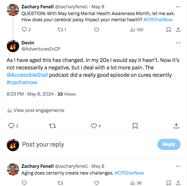 zach asks how CP impacts people's mental health. i shared this has changed as i have aged and experienced more pain. zach agreed aging creates new challenges 