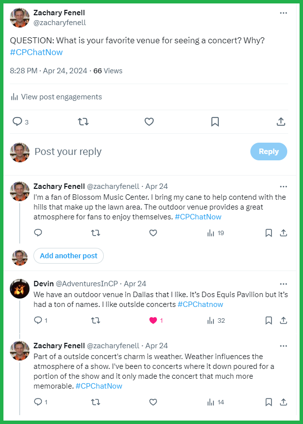 #CPChatNow participants discuss their favorite venues for seeing concerts.