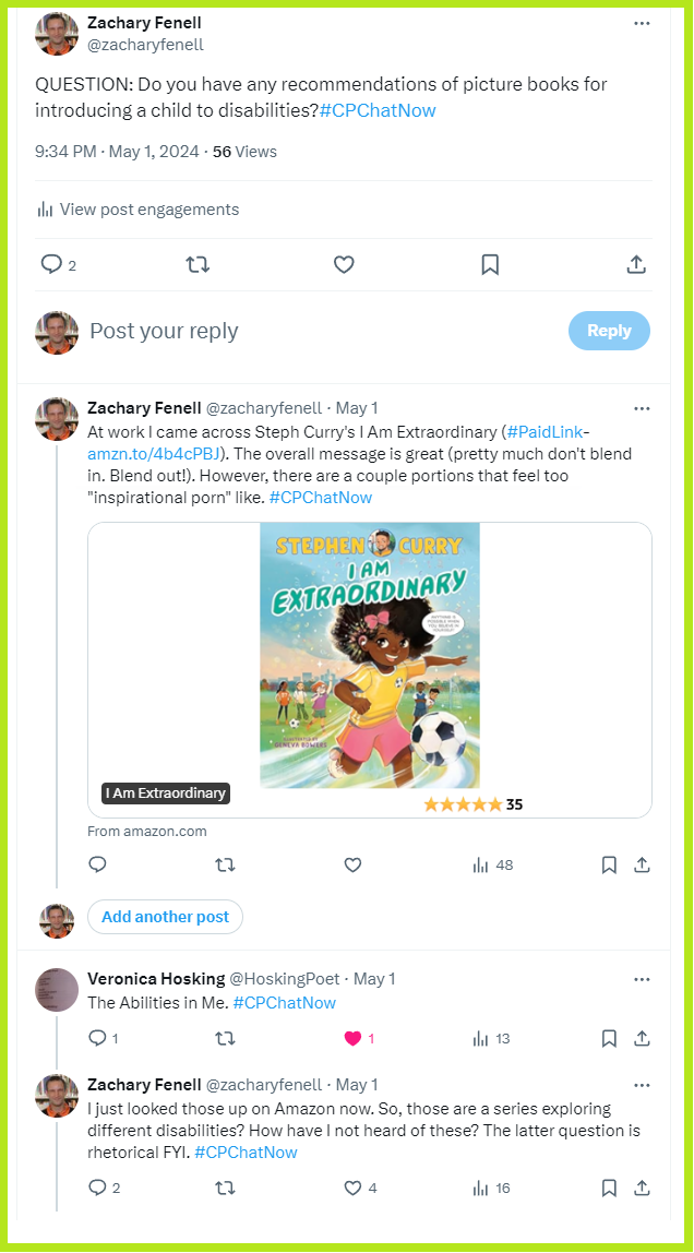 #CPChatNow participants discuss recommendations of picture books for introducing a child to disabilities.