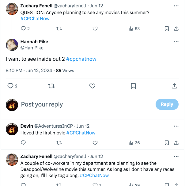 zach asked if anyone is planning to see any movies this summer. hannah tweeted she wanted to see inside out 2, i tweeted i loved the first movie, and zach tweeted he is going to see deadpool/wolverine this summer 