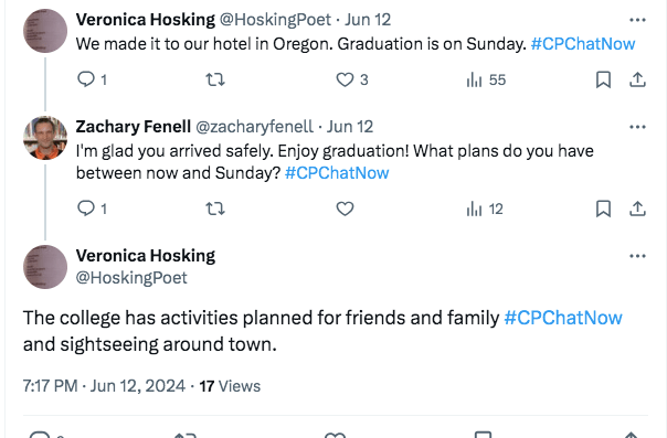 veronica tweets she made it to the hotel in oregon and the graduation is on sunday. zach asked if they had any plans before the graduation. veronica tweeted the college has activities planned and sightseeing. 