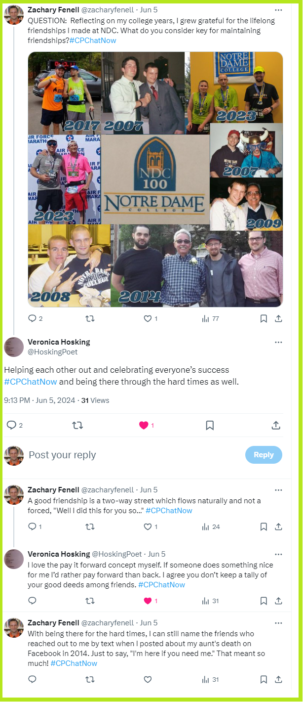 Participants in #CPChatNow discuss keys for maintaining friendships. 