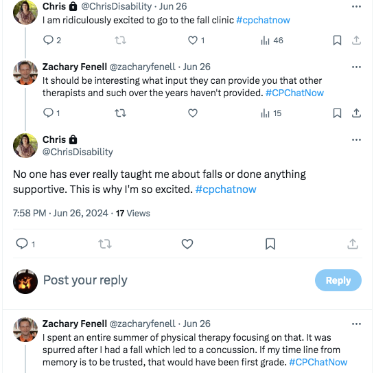chris tweeted she is excited to go to the fall clinic, zach tweeted it will be interested to see what input she will learn that she hasn't over the years, chris tweeted no one has taught her about falls or done anything supportive. zach tweeted he spent an entire summer of physical therapy focusing on falling after a fall that led to a concussion in first grade.