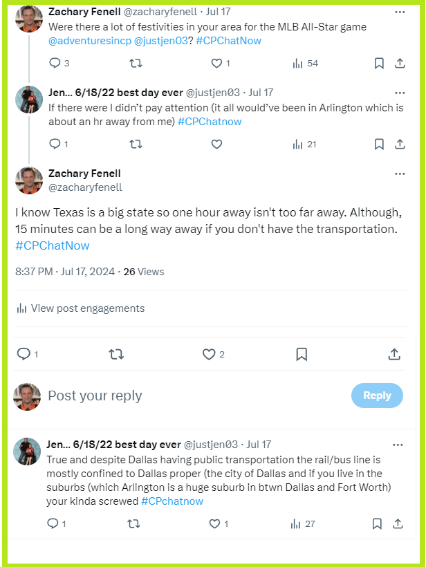 As participants in #CPChatNow discuss baseball, conversation turns to an issue a number of people in the CP community face, transportation.