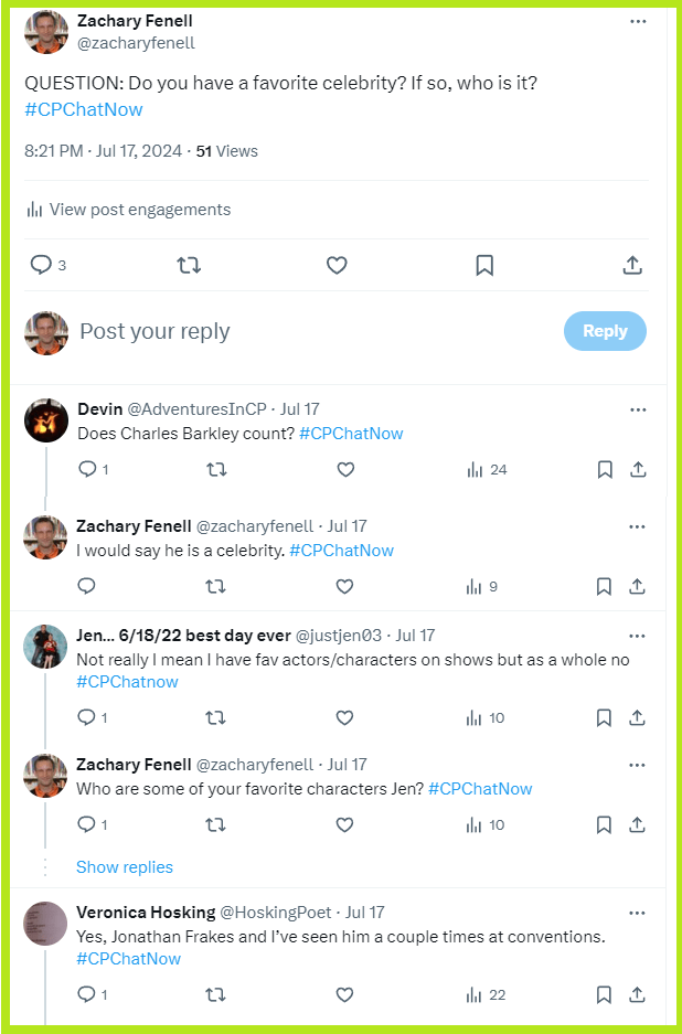 #CPChatNow participants talk about their favorite celebrities.
