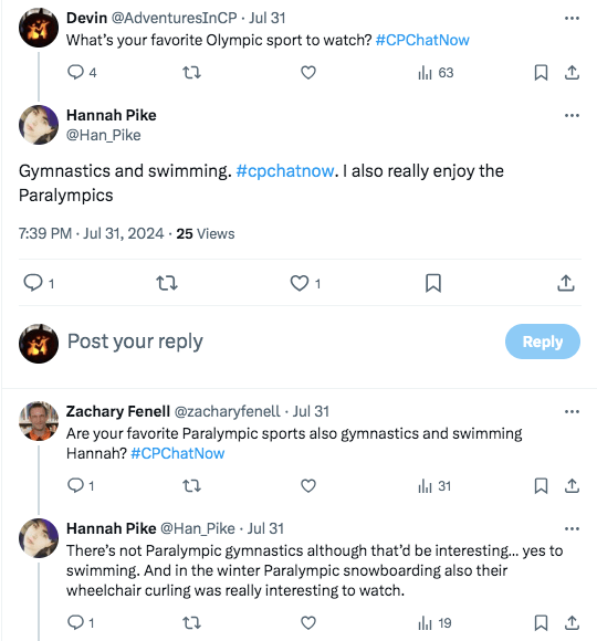 i ask what member's favorite olympic sports are. hannah tweets gymnastics and swimming and points out the paralympic sports of swimming and wheelchair curling. 