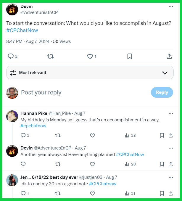 #CPChatNow participants discuss what they would like to accomplish in August.