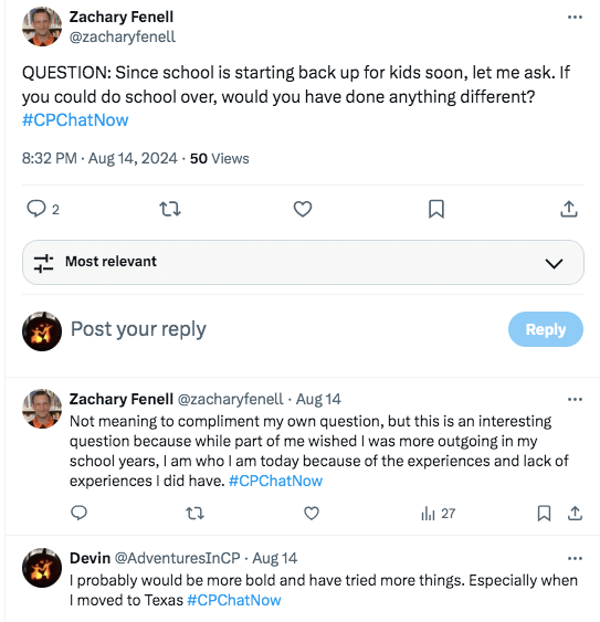 zach asks if members would do anything different if they could return to school, he tweets he wishes he was more outgoing, but that he is who he is because of the experiences he had and didn't have, I tweeted I would be bold and try more things