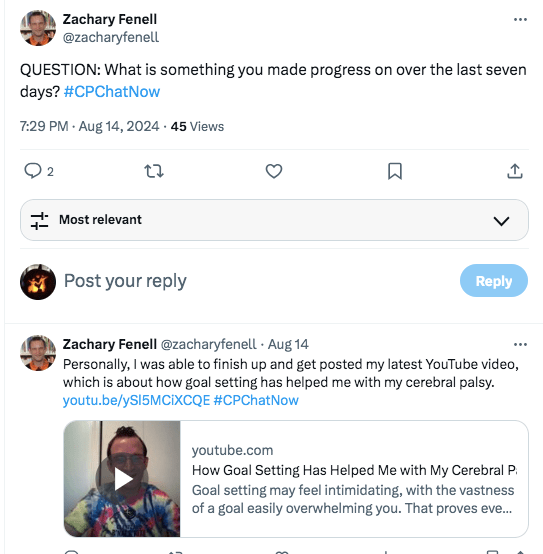 zach asks what people made progress on the last seven days and tweets about a youtube video he had recently completed on goal setting and cp