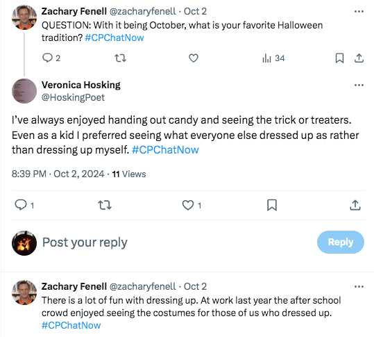zach asked what members favorite Halloween traditions are. veronica said she likes handing out candy and seeing trick or treaters rather than dressing up. zach tweeted he likes dressing up and people liked seeing costumes at work 