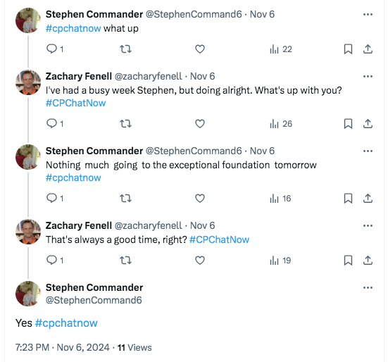 stephen tells zach he's going to the exceptional foundation tomorrow and that it's always a good time. 